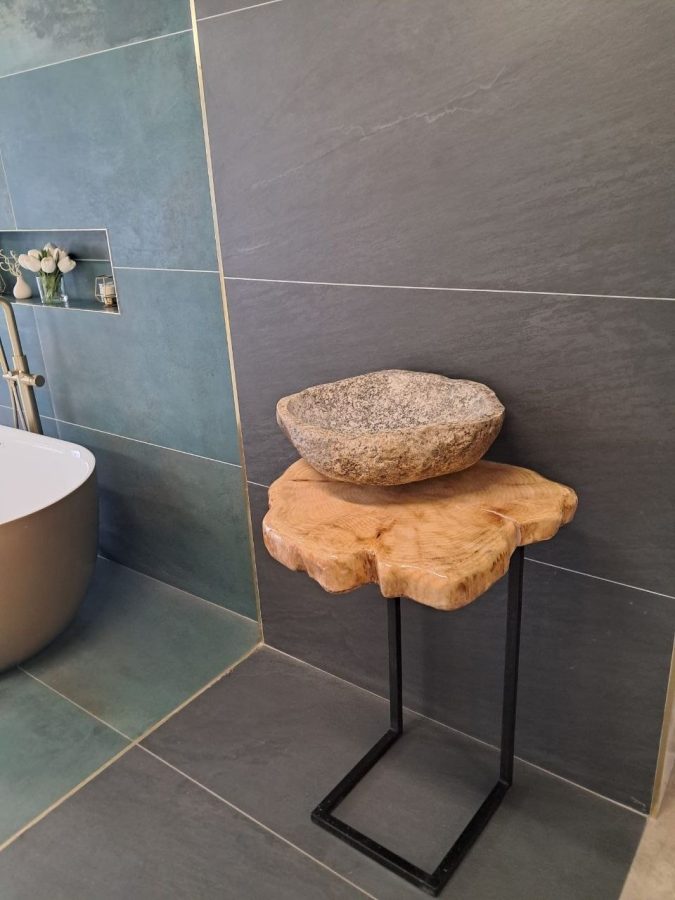 River-stone basin on a live-edge oak slab