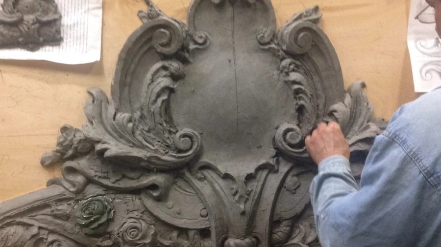 Baroque cartouche modelled in clay